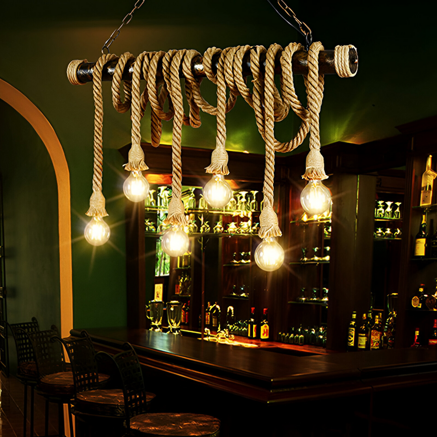 Vintage πολυέλαιος με σχοινί pedro, 6 x e27 κλειστό ξύλο