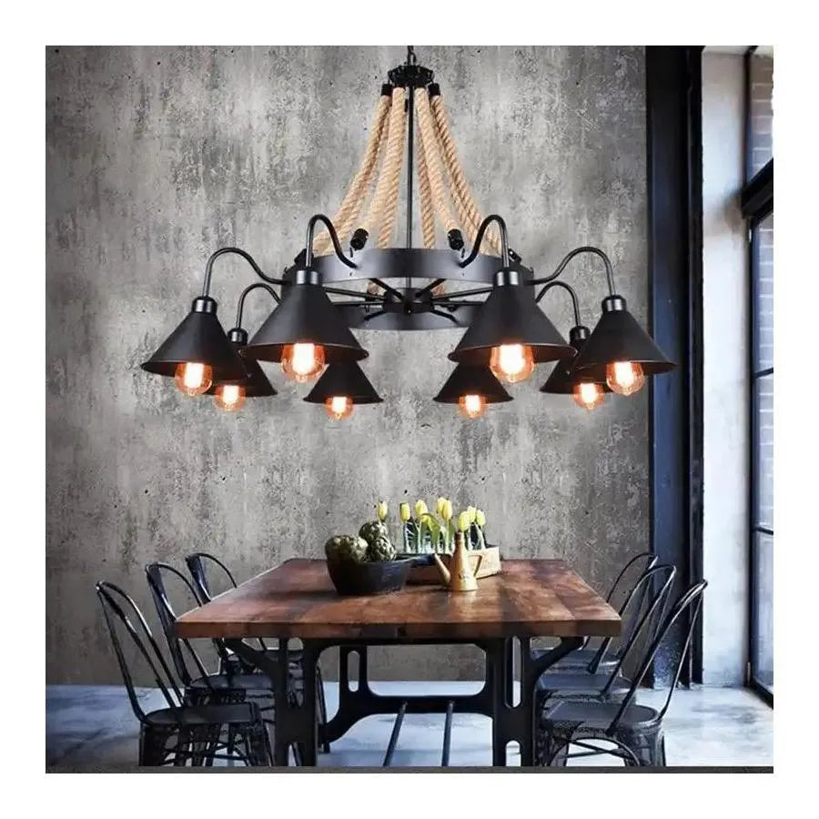 Indiana Chandelier, 8*E27, Metal and Rope, Black