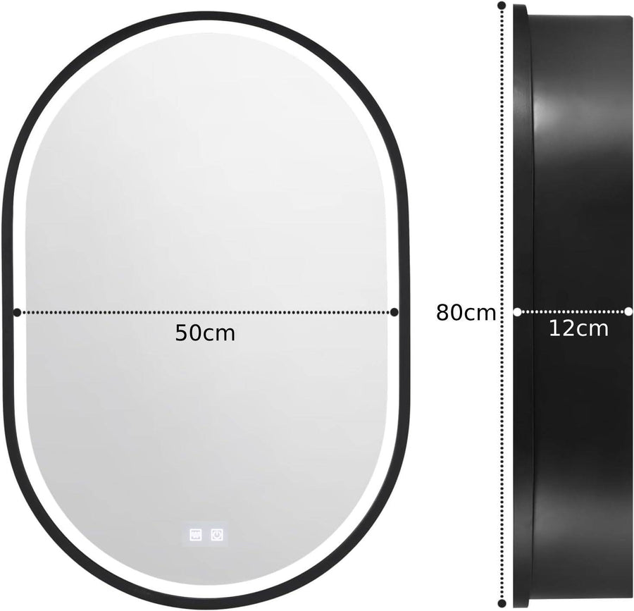 Καθρέφτης LED με Ντουλάπι, Οβάλ, 50x80cm, Demist, Κρύο/Ζεστό/Ουδέτερο φως, Μαύρο πλαίσιο, Αποθηκευτικός χώρος