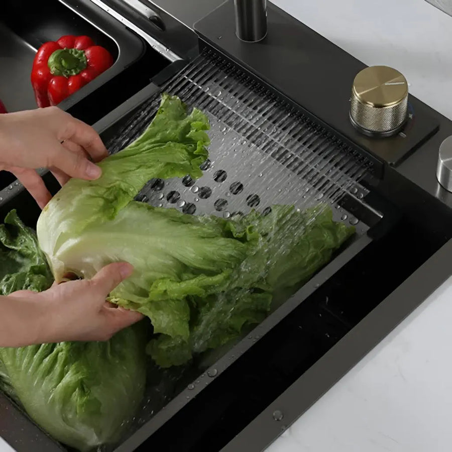 Σετ νεροχύτη κουζίνας από ανοξείδωτο χάλυβα με διπλή μπαταρία, διάτρηση λαχανικών/φρούτων, καθολική δεξαμενή με αποστράγγιση, ελικόπτερο, μαύρο γραφίτη, 75x45x21cm