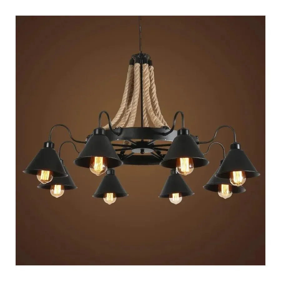 Indiana Chandelier, 8*E27, Metal and Rope, Black