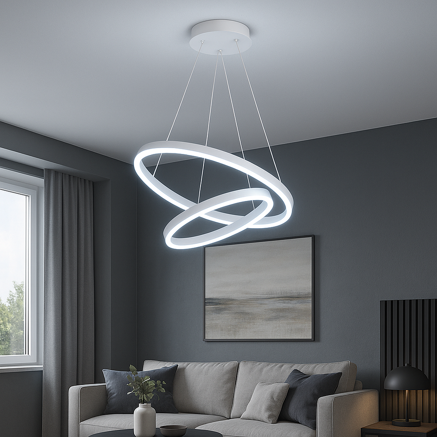 Κρεμαστός πολυέλαιος LED με τηλεχειριστήριο CASIANA 42W, 2 κύκλοι, Κρύο/Ζεστό/Ουδέτερο φως, Ρυθμιζόμενο, Λευκό, Ρυθμιζόμενο ύψος