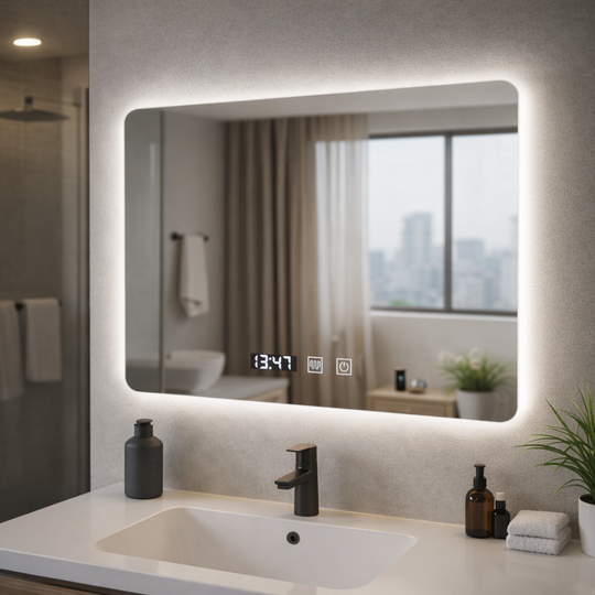 Ορθογώνιος καθρέφτης LED ARTAR Touch, 80X60cm, Σύστημα Demister, Dimmable, Clock and Temperature, Warm Neutral Cold Light 3000K/4000K/6000K Bathroom Mirror with LED and Demister Default Title Alessandro Design