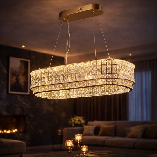 Πολυέλαιος LED με Τηλεχειριστήριο, LLC160/750X350GD, Κρύσταλλο και μέταλλο, 72W, Ρυθμιζόμενο, Ρυθμιζόμενο Ύψος, Ψυχρό/Ζεστό/Ουδέτερο φως, Πολυέλαιος φωτισμός LED με τηλεχειριστήριο Προεπιλεγμένος τίτλος Alessandro Design