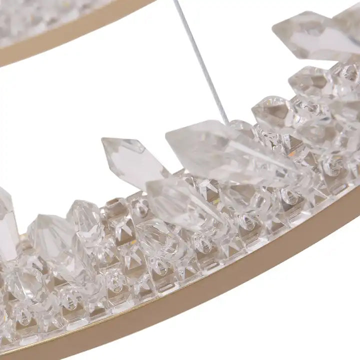 Κρεμαστός πολυέλαιος LED με τηλεχειριστήριο, Κρύσταλλοι K9, 67W, 2 Κύκλοι, 60 cm, Κρύο/Ζεστό/Ουδέτερο φως, Ρυθμιζόμενο, Χρυσό, Ρυθμιζόμενο ύψος