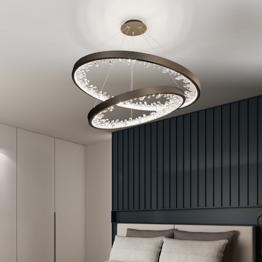 Κρεμαστός πολυέλαιος LED με τηλεχειριστήριο, Κρύσταλλοι K9, 67W, 2 Κύκλοι, 60 cm, Κρύο/Ζεστό/Ουδέτερο φως, Ρυθμιζόμενο, Μαύρο, Ρυθμιζόμενο ύψος