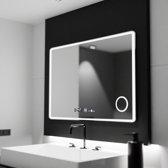 Ορθογώνιος καθρέφτης LED 120x80 Aura Riflesso Puro MotionGlow Marcello, Σύστημα αποθάμβωσης, Θερμόμετρο και ρολόι, Dimable Mirrors Marcello Προεπιλεγμένος τίτλος Alessandro Design