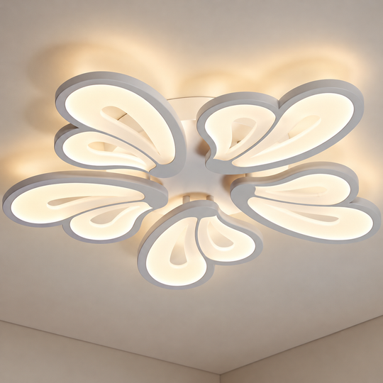 Πολυέλαιος LED με τηλεχειριστήριο BLOSSOM 95W, 5 Πέταλα, Κρύο/Ζεστό/Ουδέτερο φως 3000K/4000K/6000K, Ρυθμιζόμενο, Λευκό, Μεταλλικό και Ακρυλικό