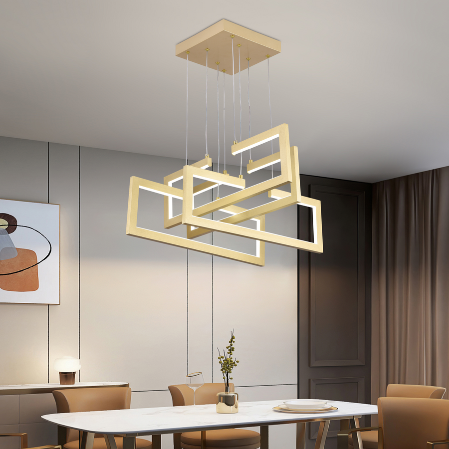 Πολυέλαιος LED με τηλεχειριστήριο, Κρεμαστό 98W, 4 Στοιχεία, Κρύο/Ζεστό/Ουδέτερο φως, Ρυθμιζόμενο, Ρυθμιζόμενο ύψος, Χρυσό
