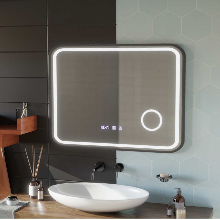 Mirror LED Touch Bernd Σύστημα απόψυξης, ρολόι και θερμοκρασία 80x60 cm Black Brush Fund Cosmetica