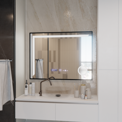 Καθρέφτης LED Francesca MotionGlow Αισθητήρας 80x60 cm Θερμό/Ψυχρό/Ουδέτερο φως με ρυθμιζόμενο πλαίσιο Μαύρο βουρτσισμένο σύστημα αποθάμβωσης Θερμόμετρο Ρολόι Marcello Funghi Collection