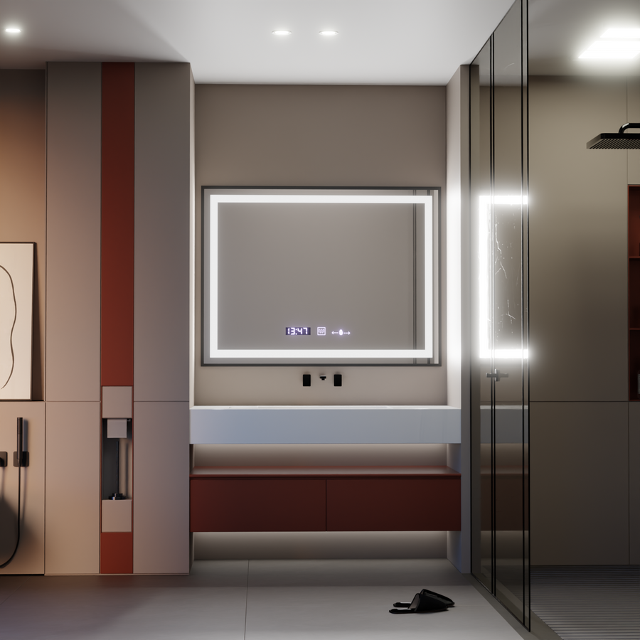 Ορθογώνιος καθρέφτης LED, 80x60cm, Verite Majeste Noir Motion Glow Marcello, Σύστημα Demister, Ρολόι & Θερμόμετρο, Ρυθμιζόμενο