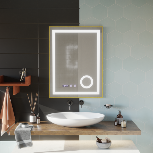 Σύστημα αποθολώματος καθρέφτη αφής CLARUS LED, ρολόι και θερμοκρασία 60x80 cm Χρυσό πλαίσιο βουρτσισμένο καλλυντικό μεγεθυντικός φακός