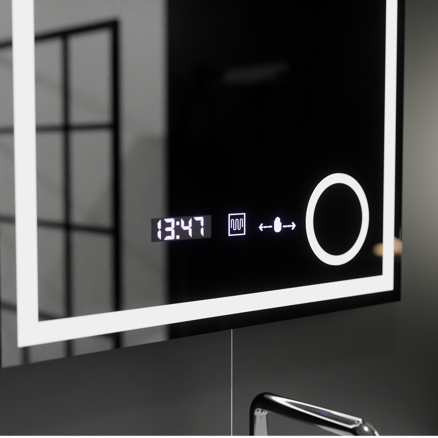 Ορθογώνιος καθρέφτης LED, 60x60cm, Souverain MotionGlow Marcello, Σύστημα Demister, Ρολόι & Θερμόμετρο, Καλλυντικό Μεγεθυντικός φακός, Dimable