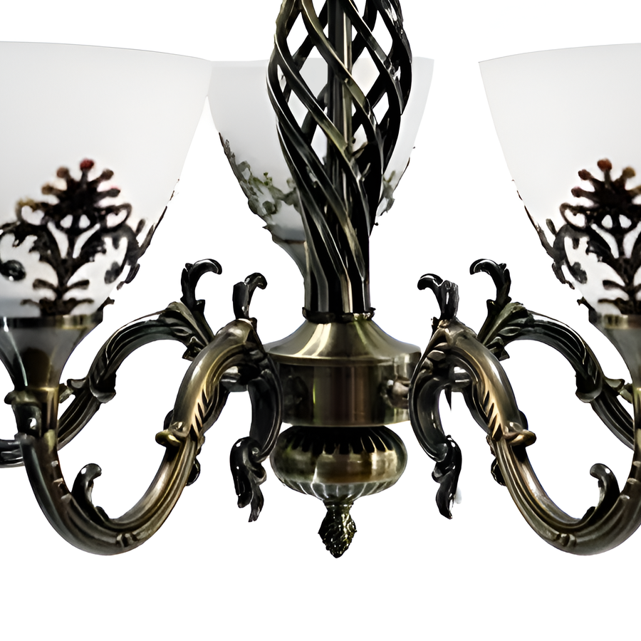 Ρουστίκ πολυέλαιος εξοχικού σπιτιού, 5*e27, αντίκες χάλκινο, μέταλλο και γυαλί