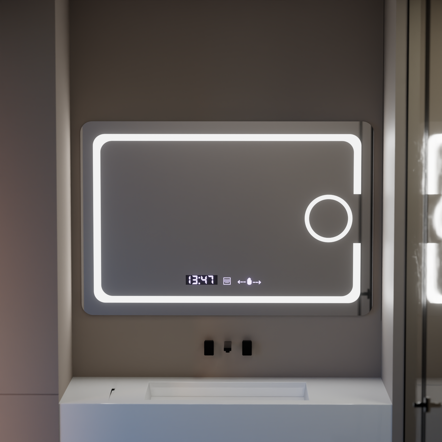 Ορθογώνιος καθρέφτης LED, 120x80cm, Eclat MotionGlow Marcello, Σύστημα Demister, Ρολόι & Θερμόμετρο, Καλλυντικό μεγεθυντικός φακός, Dimable