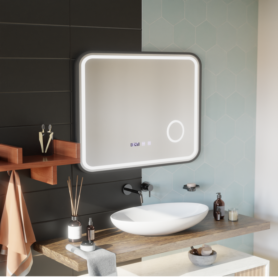 Mirror LED Touch Bernd Σύστημα απόψυξης, ρολόι και θερμοκρασία 80x60 cm Black Brush Fund Cosmetica