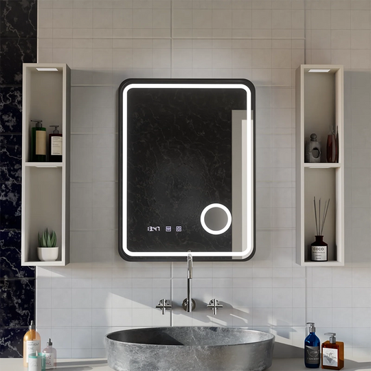 Ulrich LED Touch Mirror De-fogging System, Clock and Temperature 75x90 cm Βουρτσισμένο μαύρο πλαίσιο Καλλυντικό μεγεθυντικός φακός
