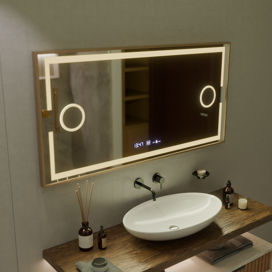 LED MotionGlow Sensor Mirror Isabell με λειτουργία απόψυξης απόψυξης 120x80 cm ζεστό/κρύο/ουδέτερο ελαφρύ φως, ροζ χρυσό πλαίσιο, συλλογή Marcello Funghi