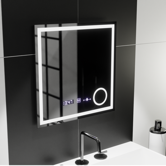 Ορθογώνιος καθρέφτης LED, 60x60cm, Souverain MotionGlow Marcello, Σύστημα Demister, Ρολόι & Θερμόμετρο, Καλλυντικό Μεγεθυντικός φακός, Dimable