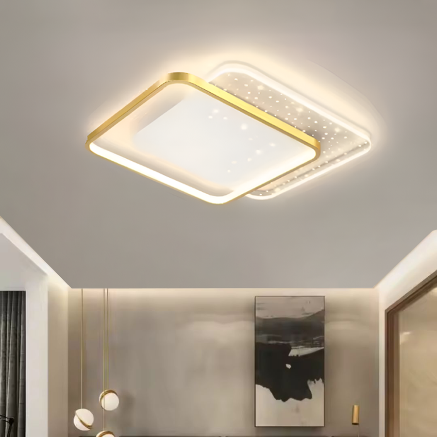 Πολυέλαιος LED με τηλεχειριστήριο GILDRA 110W, 2 Τετράγωνα, Κρύο/Ζεστό/Ουδέτερο φως, Ρυθμιζόμενο, Χρυσό