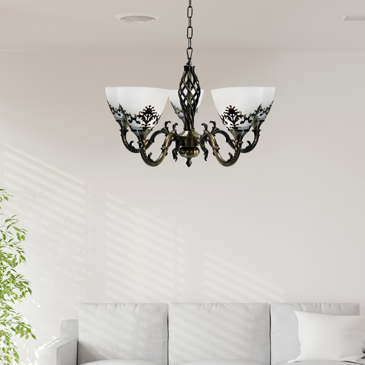 Ρουστίκ πολυέλαιος εξοχικού σπιτιού, 5*e27, αντίκες χάλκινο, μέταλλο και γυαλί