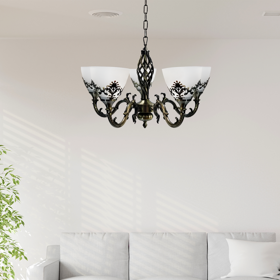 Ρουστίκ πολυέλαιος εξοχικού σπιτιού, 5*e27, αντίκες χάλκινο, μέταλλο και γυαλί