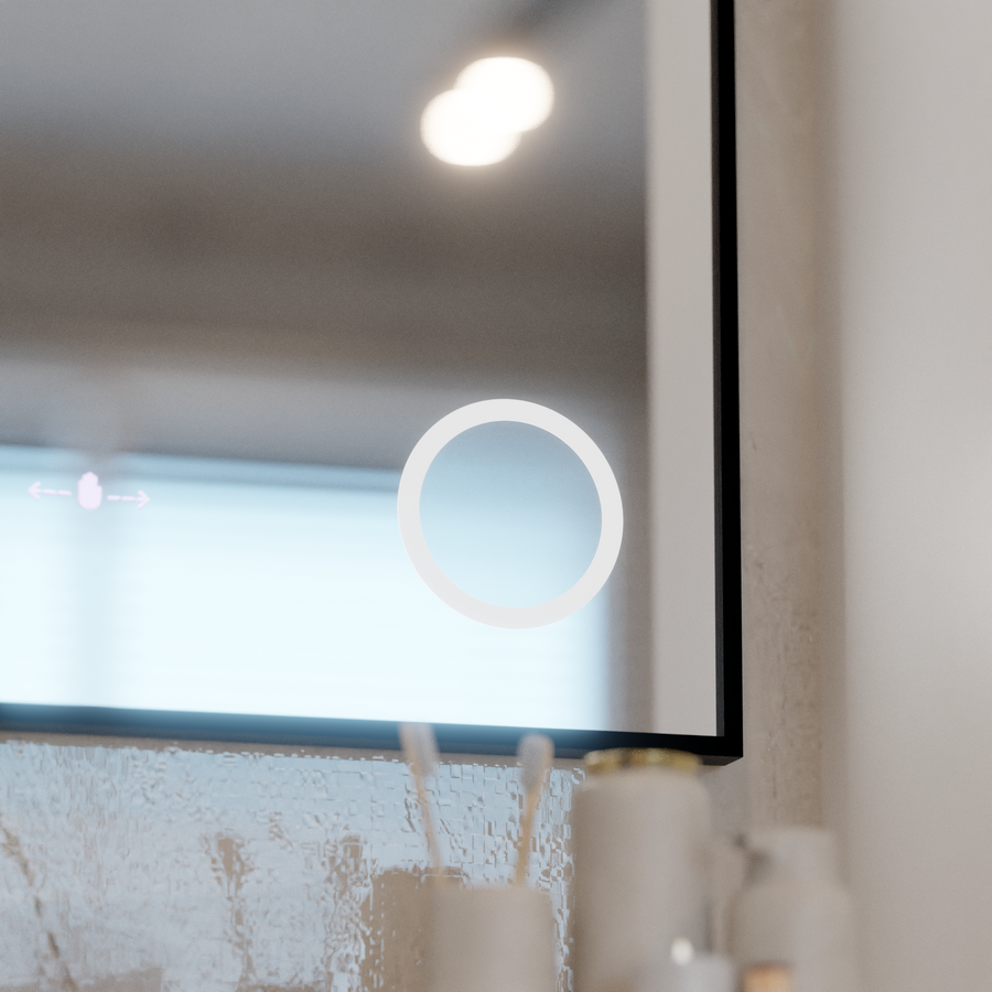 Καθρέφτης LED Francesca MotionGlow Αισθητήρας 80x60 cm Θερμό/Ψυχρό/Ουδέτερο φως με ρυθμιζόμενο πλαίσιο Μαύρο βουρτσισμένο σύστημα αποθάμβωσης Θερμόμετρο Ρολόι Marcello Funghi Collection