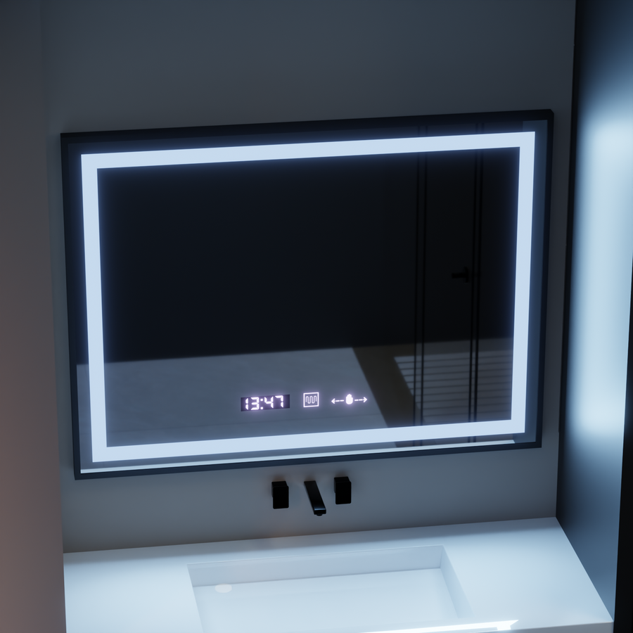 Ορθογώνιος καθρέφτης LED, 80x60cm, Verite Majeste Noir Motion Glow Marcello, Σύστημα Demister, Ρολόι & Θερμόμετρο, Ρυθμιζόμενο