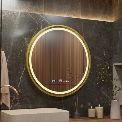 LED Στρογγυλός καθρέφτης, 80cm, Celeste Royale Gold MotionGlow Marcello, Σύστημα Demister, Ρολόι & Θερμόμετρο, Ρυθμιζόμενο