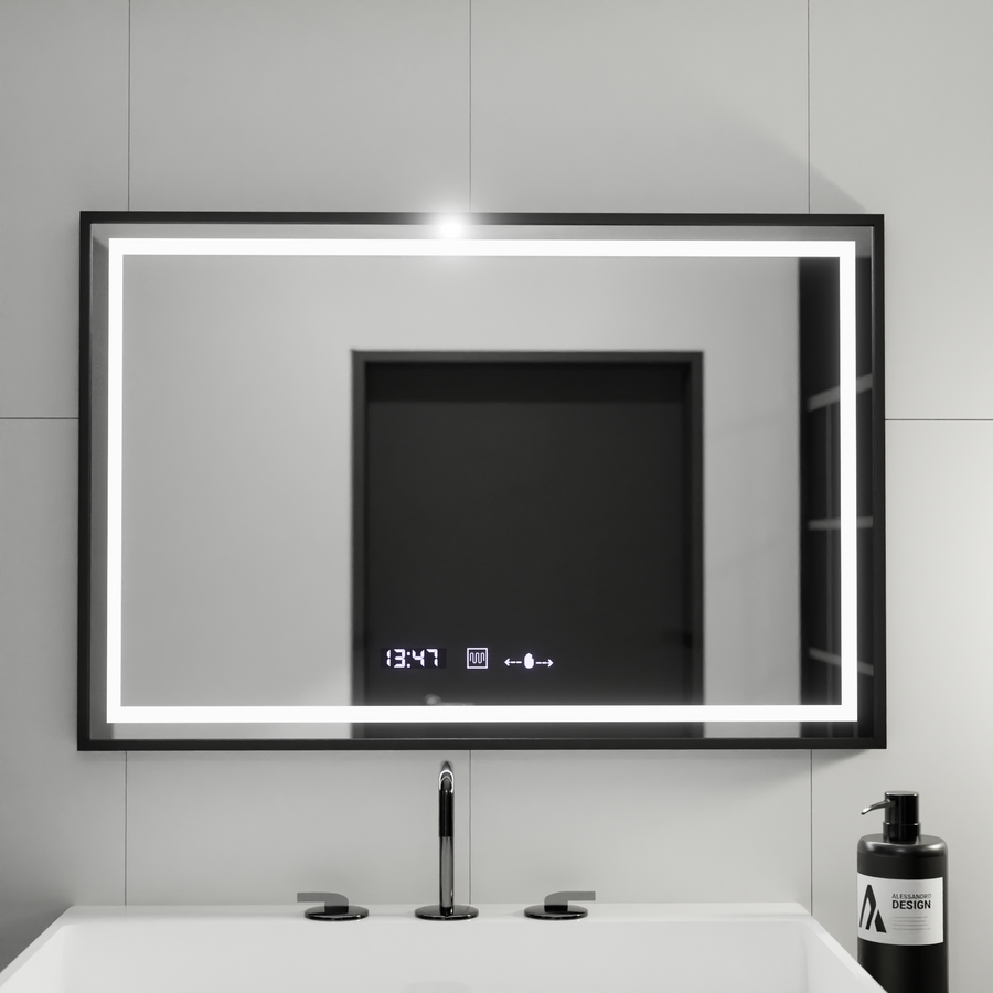 Ορθογώνιος καθρέφτης LED, 100x80cm, Verite Majeste Noir MotionGlow Marcello, Σύστημα Demister, Ρολόι & Θερμόμετρο, Ρυθμιζόμενο