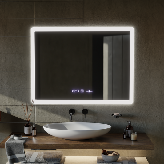 Ορθογώνιος καθρέφτης LED, 80x60 cm, αισθητήρας Zampa MotionGlow Marcello, Σύστημα αποθολώματος, Ρολόι & Θερμόμετρο, Ρυθμιζόμενο