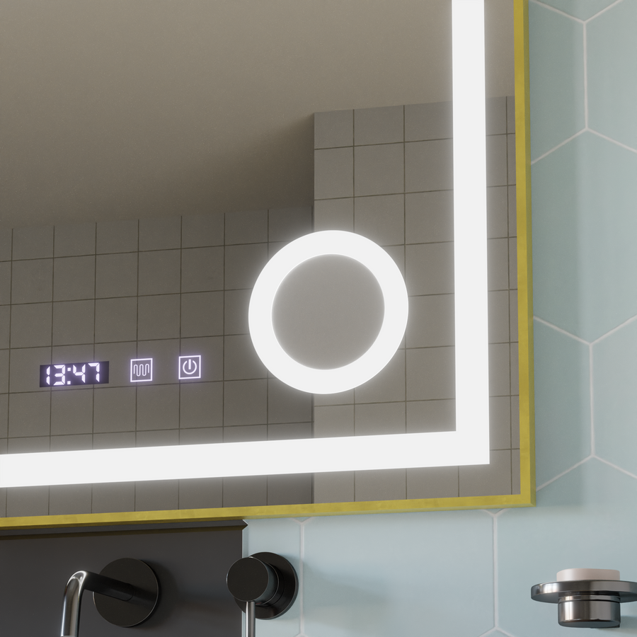 Σύστημα αποθολώματος καθρέφτη αφής CLARUS LED, ρολόι και θερμοκρασία 60x80 cm Χρυσό πλαίσιο βουρτσισμένο καλλυντικό μεγεθυντικός φακός