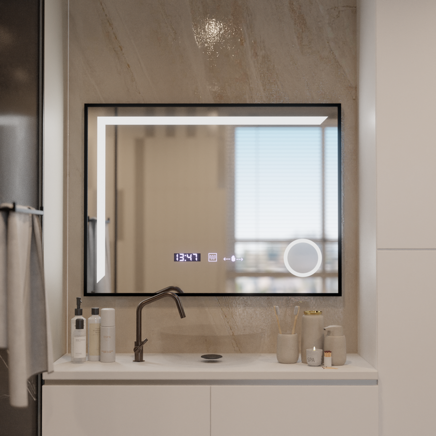 Καθρέφτης LED Francesca MotionGlow Αισθητήρας 80x60 cm Θερμό/Ψυχρό/Ουδέτερο φως με ρυθμιζόμενο πλαίσιο Μαύρο βουρτσισμένο σύστημα αποθάμβωσης Θερμόμετρο Ρολόι Marcello Funghi Collection