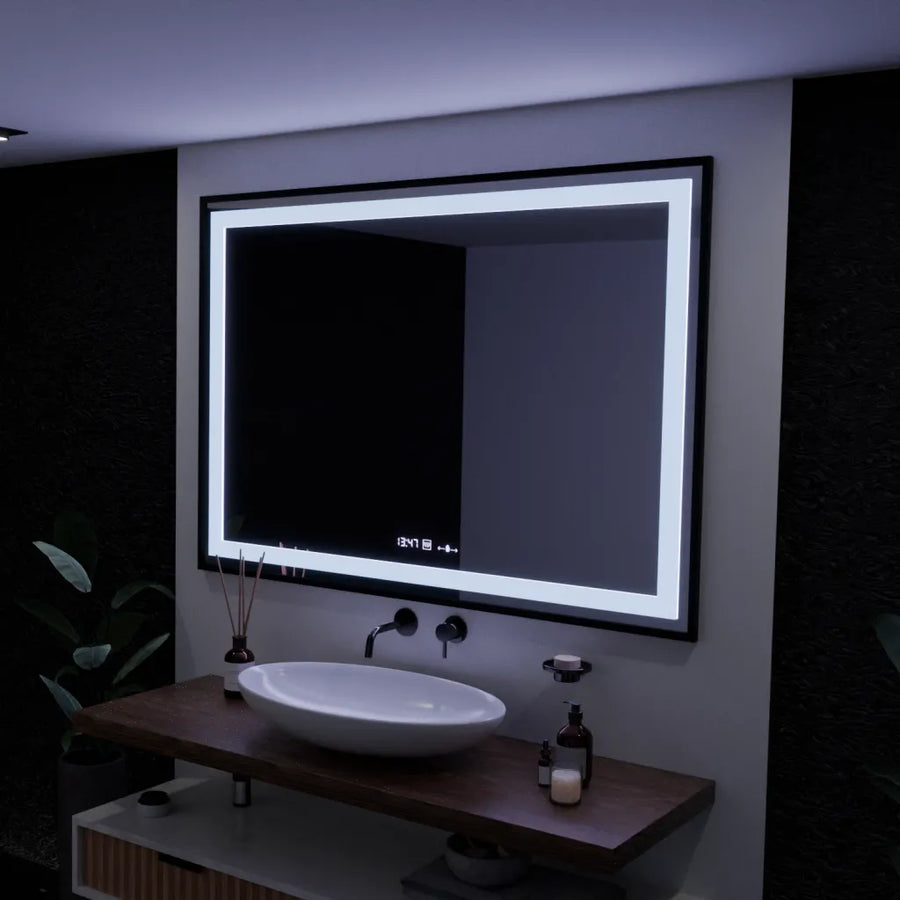 Ορθογώνιος καθρέφτης LED, 100x70cm, Verite Majeste Noir Motion Glow Marcello, Σύστημα Demister, Ρολόι & Θερμόμετρο, Ρυθμιζόμενο