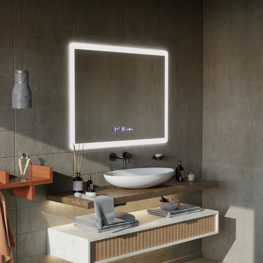 Ορθογώνιος καθρέφτης LED, 80x60 cm, αισθητήρας Zampa MotionGlow Marcello, Σύστημα αποθολώματος, Ρολόι & Θερμόμετρο, Ρυθμιζόμενο