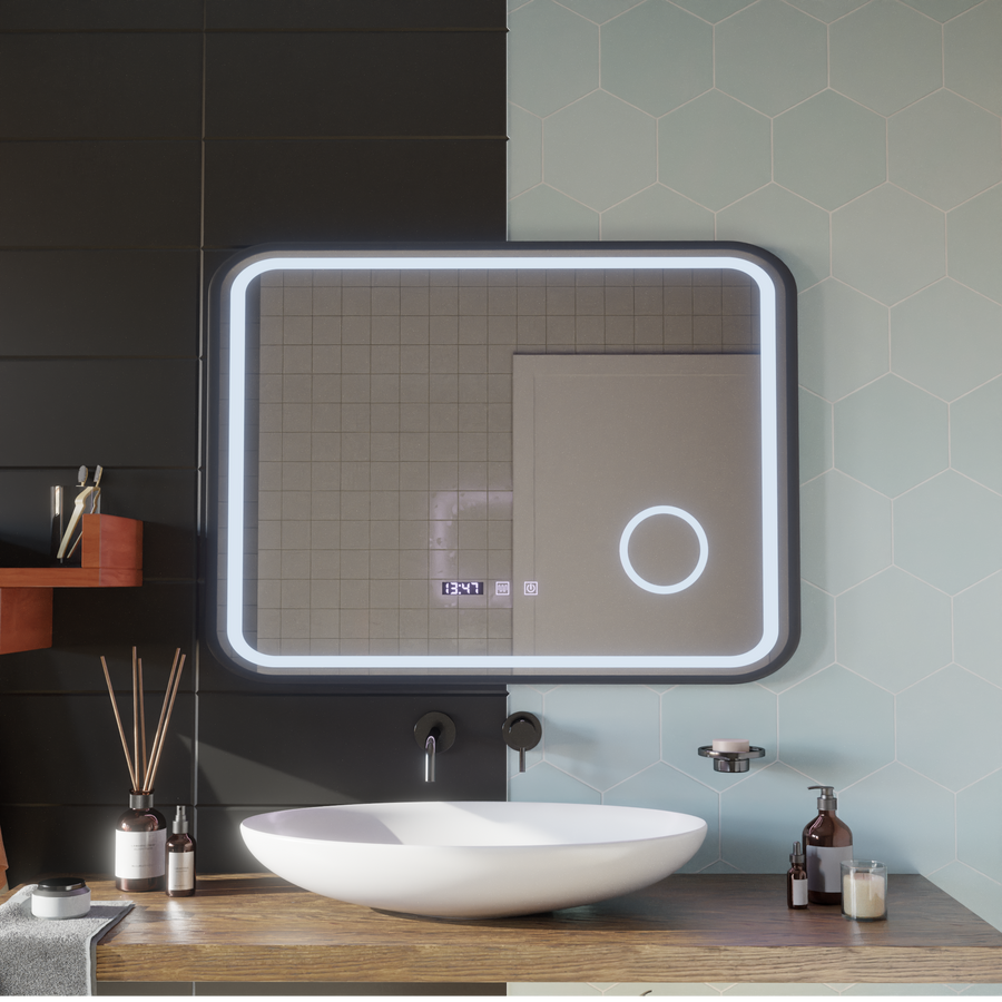 Mirror LED Touch Bernd Σύστημα απόψυξης, ρολόι και θερμοκρασία 80x60 cm Black Brush Fund Cosmetica