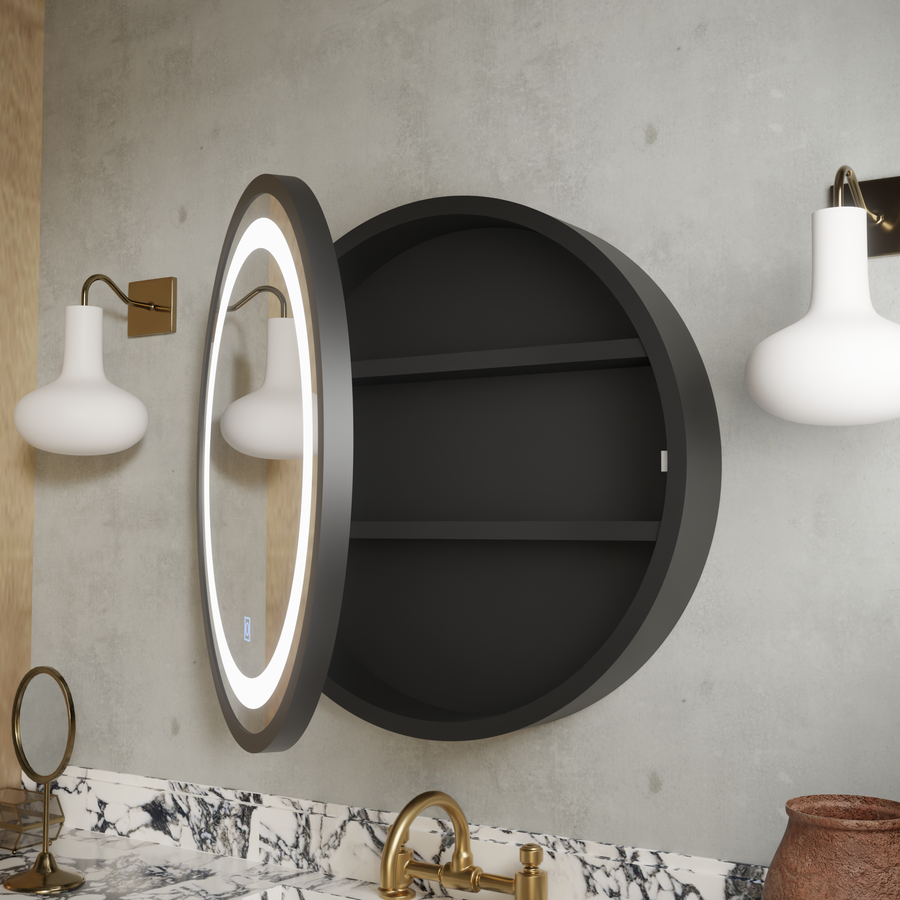 Καθρέφτης LED με Ντουλάπι, Στρογγυλός, 50x50cm, Demist, Κρύο/Ζεστό/Ουδέτερο φως, Μαύρο πλαίσιο, Αποθηκευτικός χώρος