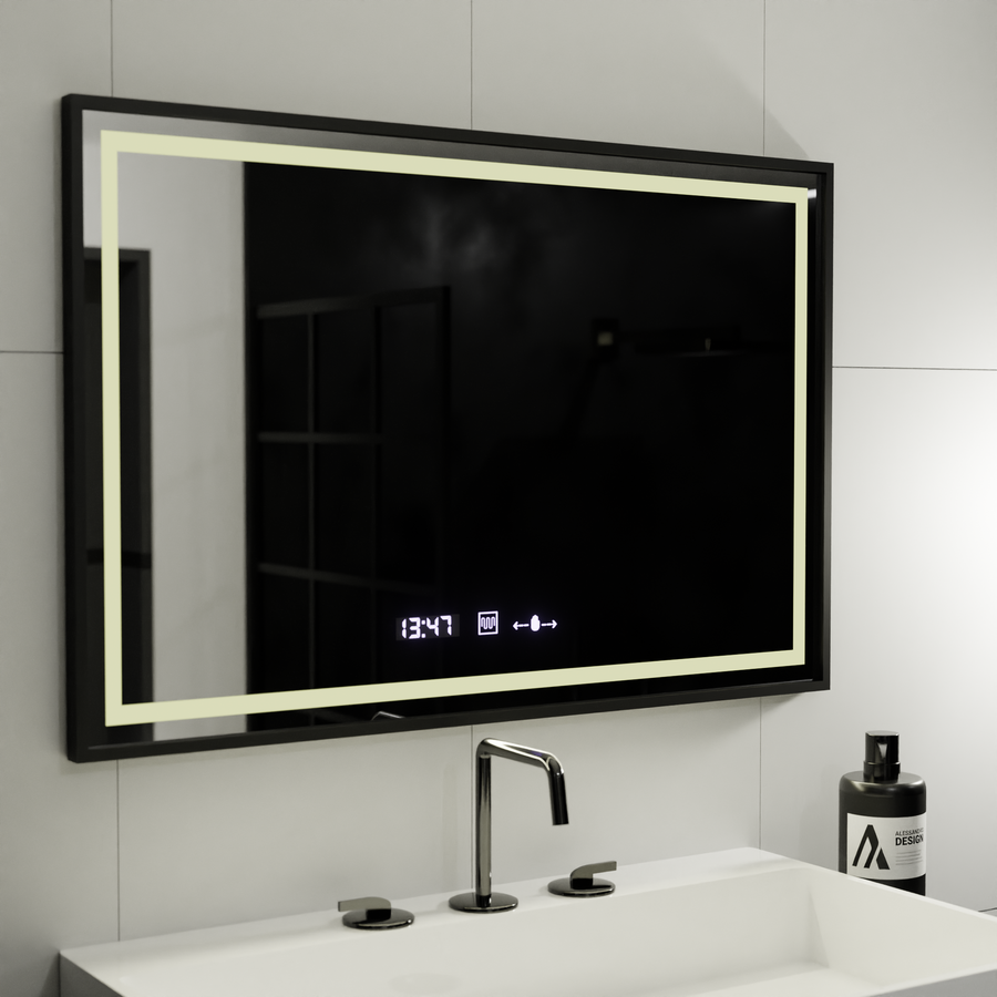 Ορθογώνιος καθρέφτης LED, 100x80cm, Verite Majeste Noir MotionGlow Marcello, Σύστημα Demister, Ρολόι & Θερμόμετρο, Ρυθμιζόμενο