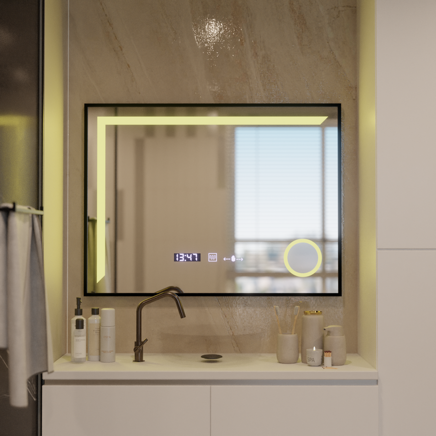 Καθρέφτης LED Francesca MotionGlow Αισθητήρας 80x60 cm Θερμό/Ψυχρό/Ουδέτερο φως με ρυθμιζόμενο πλαίσιο Μαύρο βουρτσισμένο σύστημα αποθάμβωσης Θερμόμετρο Ρολόι Marcello Funghi Collection