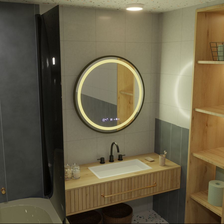 LED Στρογγυλός καθρέφτης, 80cm, Celeste Majesté Noir MotionGlow Marcello, Σύστημα Demister, Ρολόι & Θερμόμετρο, Ρυθμιζόμενο