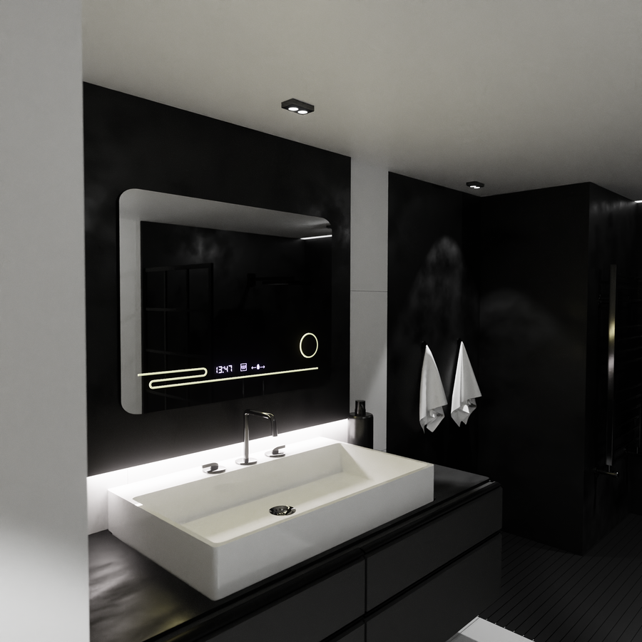 Ο ορθογώνιος καθρέφτης LED 80x60cm Fortaleza Motionglow Marcello Defrosting System Thermometer και Cosmetic Wolf Clock