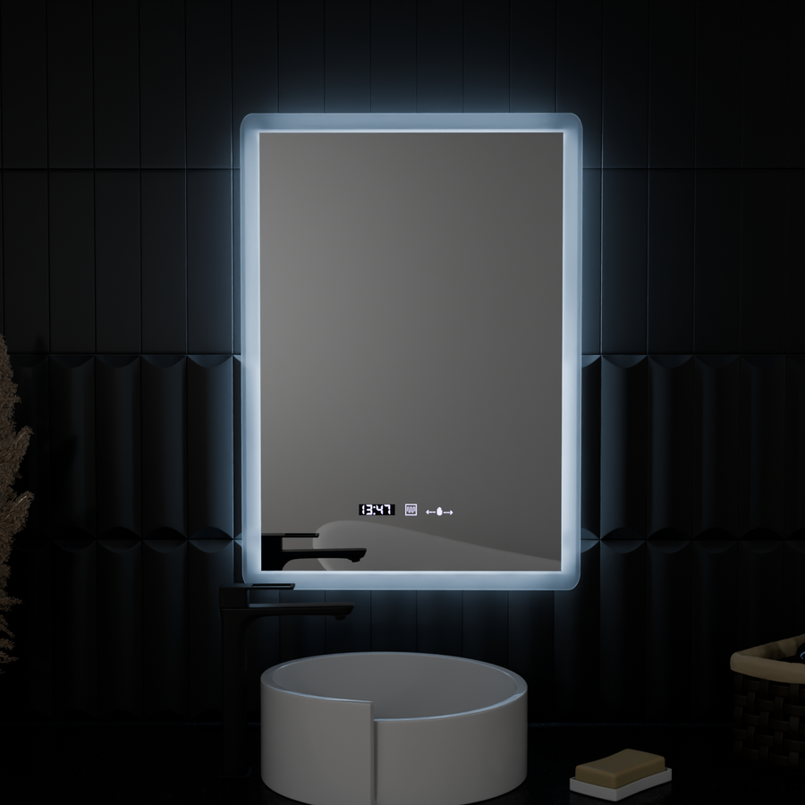 Ορθογώνιος καθρέφτης LED, 50x70 cm, αισθητήρας Zampa MotionGlow Marcello, Σύστημα αποθολώματος, Ρολόι & Θερμόμετρο, Ρυθμιζόμενο