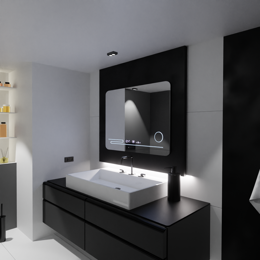 Ο ορθογώνιος καθρέφτης LED 80x60cm Fortaleza Motionglow Marcello Defrosting System Thermometer και Cosmetic Wolf Clock