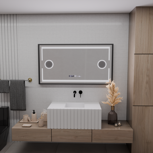 LED Mirror Motion Glow Sensor Domingo με συνάρτηση απόψυξης απόψυξης 120x65 cm κρύο/ζεστό/ζεστό φως, μαύρο βουρτσισμένο πλαίσιο, συλλογή Marcello Funghi