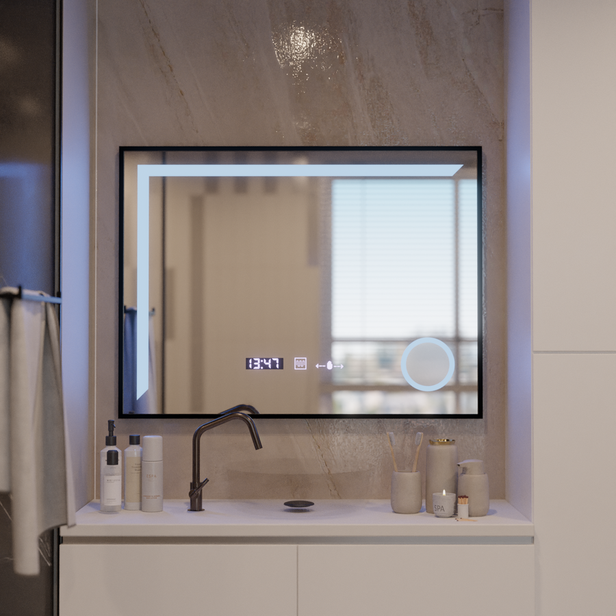 Καθρέφτης LED Francesca MotionGlow Αισθητήρας 80x60 cm Θερμό/Ψυχρό/Ουδέτερο φως με ρυθμιζόμενο πλαίσιο Μαύρο βουρτσισμένο σύστημα αποθάμβωσης Θερμόμετρο Ρολόι Marcello Funghi Collection