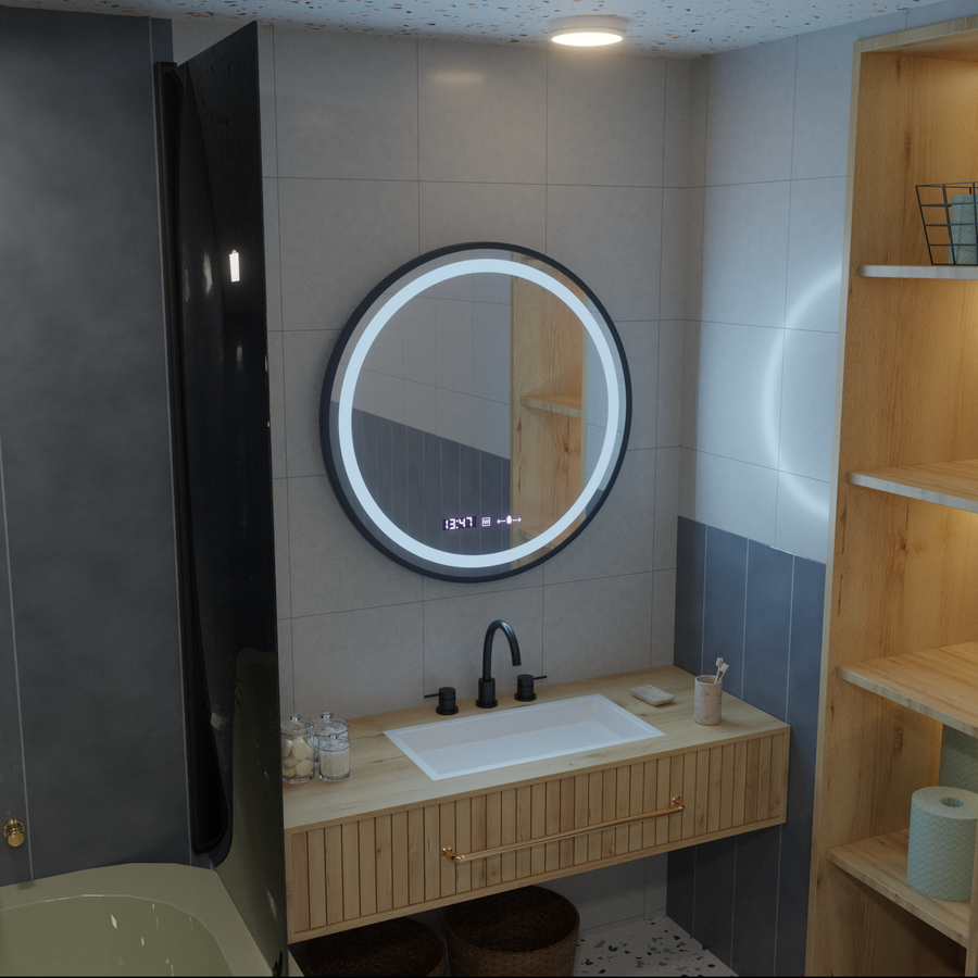 LED Στρογγυλός καθρέφτης, 80cm, Celeste Majesté Noir MotionGlow Marcello, Σύστημα Demister, Ρολόι & Θερμόμετρο, Ρυθμιζόμενο