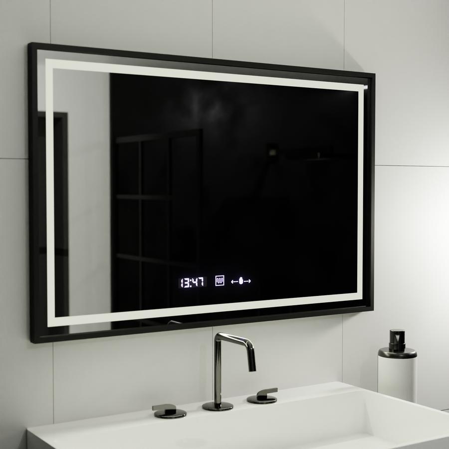 Ορθογώνιος καθρέφτης LED, 100x80cm, Verite Majeste Noir MotionGlow Marcello, Σύστημα Demister, Ρολόι & Θερμόμετρο, Ρυθμιζόμενο