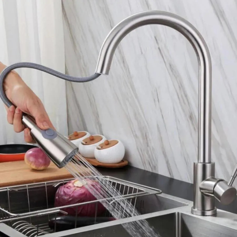 Κουζίνα μπαταρίας με εκχυλίσιμο ντους, ανοξείδωτο χάλυβα 304, σατέν, CF017