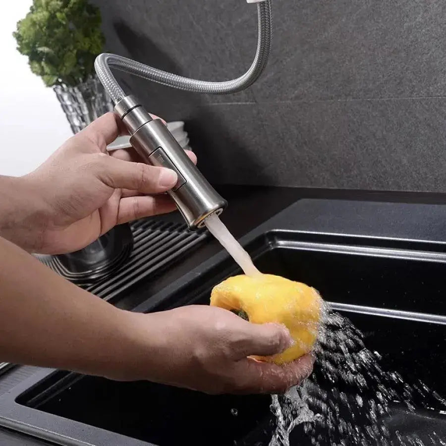 Κουζίνα μπαταρίας με εκχυλίσιμο ντους, ανοξείδωτο χάλυβα 304, σατέν, CF023